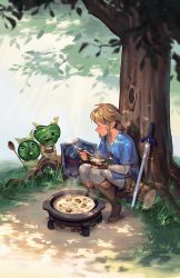 Rule 34 | 1boy, bandaged arm, bandages, blonde hair, blue shirt, boots, bowl, brown footwear, brown gloves, commentary, commentary request, cooking, earrings, eating, english commentary, fingerless gloves, fingernails, food, gloves, grass, highres, holding, holding bowl, holding ladle, holding spoon, hylian shield, jewelry, knee boots, korok, ladle, layered sleeves, leaf, leaning forward, leaning on object, leather, leather boots, light rays, link, long sleeves, looking at another, master sword, mixed-language commentary, multicolored shirt, mushroom, nintendo, outdoors, pants, pixiescout, plant roots, pointy ears, ponytail, print shirt, profile, sheikah slate, shield, shirt, short sleeves, sidelocks, sitting, sitting on log, smile, soup, spoon, steam, sunbeam, sunlight, swept bangs, the legend of zelda, the legend of zelda: breath of the wild, tiptoes, tree, tunic, v-neck, white pants, white shirt