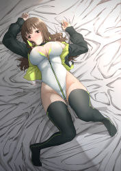 Rule 34 | 1girl, alice gear aegis, bed sheet, black jacket, black thighhighs, blush, breasts, brown eyes, brown hair, cleavage, full body, gluteal fold, grey background, heattech leotard, highleg, highleg leotard, highres, jacket, large breasts, leotard, long hair, long sleeves, looking at viewer, lying, nose blush, on back, open clothes, open jacket, parted lips, simple background, solo, sweat, thighhighs, turtleneck, unpasu, usamoto anna, white leotard, zipper