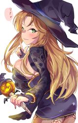 Rule 34 | 1girl, black dress, black hat, breasts, bridal gauntlets, brown hair, bursting breasts, cleavage, closed mouth, cowboy shot, dress, fishnet pantyhose, fishnets, green eyes, hat, heart, holding, holding wand, idolmaster, idolmaster cinderella girls, jack-o&#039;-lantern, jewelry, kakitsubata zero, large breasts, legs together, long sleeves, looking at viewer, matsumoto sarina, pantyhose, pumpkin, ring, short dress, shrug (clothing), simple background, smile, solo, speech bubble, tight clothes, tight dress, wand, white background, wizard hat