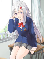 Rule 34 | 1girl, blue jacket, bow, breasts, chair, closed mouth, colored eyelashes, curtains, desk, echidna (re:zero), hair ornament, highres, jacket, legs, long hair, looking at viewer, on desk, playing with own hair, purple eyes, re:zero kara hajimeru isekai seikatsu, red bow, school chair, school desk, school uniform, shirt, shuji (artist), silver hair, sitting, on desk, skirt, smile, solo, very long hair, white shirt, wind, window