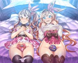 Rule 34 | 2girls, aqua eyes, bed, bed sheet, bedroom, blush, box, bracelet, brown eyes, brown hair, brown legwear, chocolate, clarisse (granblue fantasy), commentary request, curly hair, diantha (granblue fantasy), dress, embarrassed, gift, gift box, granblue fantasy, groin, hair between eyes, idol, jewelry, long hair, long sleeves, looking at viewer, lying, mimonel, multiple girls, navel, no panties, on back, on bed, open mouth, orange hair, panties, pink lips, pink skirt, plaid, plaid ribbon, ribbon, short dress, side ponytail, skirt, sweat, sweater, take your pick, thighhighs, thighs, turtleneck, underwear, very long hair, wavy mouth, white panties, white sweater, wooden wall