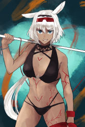 Rule 34 | 1girl, animal ears, bare shoulders, bikini, black bikini, blue eyes, body markings, breasts, caenis (fate), caenis (swimsuit rider) (fate), caenis (swimsuit rider) (first ascension) (fate), cleavage, collarbone, fate/grand order, fate (series), goggles, grin, hairband, harpoon, highres, hisaki yatori, large breasts, long hair, looking at viewer, navel, rope, smile, solo, swimsuit, thighs, very long hair, white hair