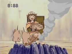 Rule 34 | 00s, 1girl, animated, animated gif, brown hair, chicken (food), clock, cooking, fire, food, long hair, lowres, qvga, re mii, screencap, smoke, solo, zoids, zoids genesis