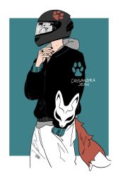 Rule 34 | 1boy, artist name, black jacket, border, cassandra jean, cowboy shot, fox print, fox tail, green background, hand on own neck, helmet, highres, hood, hoodie, jacket, jewelry, looking to the side, male focus, motorcycle helmet, original, outside border, pants, paw print, profile, ring, solo, tail, white border, white pants