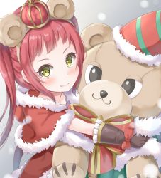 Rule 34 | 1girl, animal ears, ayane (christmas) (princess connect!), ayane (princess connect!), bear ears, blush, bow, brown gloves, brown hairband, capelet, christmas, closed mouth, commentary request, crown, dress, fake animal ears, fur-trimmed capelet, fur-trimmed dress, fur trim, gloves, green eyes, hairband, hugging object, keiran (ryo170), looking at viewer, mini crown, princess connect!, red bow, red capelet, red dress, red hair, revision, santa costume, sidelocks, smile, solo, stuffed animal, stuffed toy, teddy bear, twintails