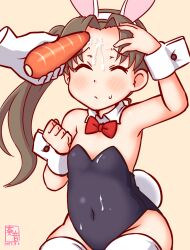 Rule 34 | 1girl, 1other, animal ears, artist logo, ayanami (kancolle), black leotard, bow, bowtie, breasts, brown hair, carrot, closed eyes, commentary request, cowboy shot, dated, detached collar, disembodied hand, forehead, kanon (kurogane knights), kantai collection, leotard, one-hour drawing challenge, parted bangs, playboy bunny, rabbit ears, rabbit tail, red bow, red bowtie, sexually suggestive, side ponytail, sitting, small breasts, suggestive fluid, tail, thighhighs, white thighhighs, wrist cuffs, yellow background
