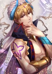Rule 34 | 1boy, arabian clothes, blonde hair, crop top, earrings, fate/grand order, fate (series), gilgamesh, gilgamesh (caster) (fate), gilgamesh (fate), hair between eyes, hand on own chin, horns, jewelry, looking at viewer, male focus, minami ikkei, open clothes, open vest, parted lips, pectorals, red eyes, solo, toned, toned male, tsurime, upper body, vest