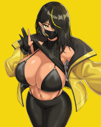 Rule 34 | 1girl, armpits, bikini, black bikini, black hair, borrowed character, breasts, cleavage, close-up, clothes lift, dark-skinned female, dark skin, flashing, gloves, hair over one eye, hella p, highres, jacket, large breasts, lilith (lilycious), mask, multicolored hair, original, pants, selfie, shirt lift, shoes, sleeveless, sleeveless sweater, sneakers, solo, streaked hair, sweater, swimsuit, thong, toned, yellow background, yellow eyes, yellow jacket, yoga pants