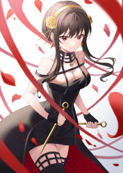 Rule 34 | 1girl, absurdres, bare shoulders, black dress, black gloves, black hair, breasts, cleavage, closed mouth, collarbone, dagger, dress, dual wielding, falling petals, fingerless gloves, floating hair, floral print, flower, gloves, gold hairband, hair flower, hair ornament, hairband, highres, holding, holding dagger, holding knife, holding weapon, knife, medium breasts, nacho (nacho 1103), off-shoulder dress, off shoulder, petals, red eyes, red ribbon, ribbon, rose, rose petals, rose print, sidelocks, solo, spikes, spy x family, thighhighs, two-sided dress, two-sided fabric, weapon, yor briar, zettai ryouiki