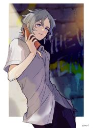 Rule 34 | 1boy, absurdres, blue eyes, buttons, cellphone, collared shirt, eyebrows, eyelashes, flip phone, graffiti, grey hair, highres, holding, holding phone, kiryuu yoshiya, light rays, male focus, open collar, parted lips, phone, shirt, solo, solo focus, subarashiki kono sekai, wall