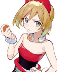 Rule 34 | 1girl, blonde hair, bracelet, collar, collarbone, commentary request, creatures (company), eyelashes, game freak, grey eyes, hairband, hand on own hip, hand up, highres, holding, holding poke ball, irida (pokemon), jewelry, konbu 1270, looking at viewer, nintendo, poke ball, poke ball (legends), pokemon, pokemon legends: arceus, red hairband, red shirt, sash, shirt, short hair, simple background, solo, strapless, strapless shirt, upper body, white background