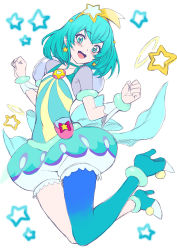 Rule 34 | 1girl, :d, aqua eyes, aqua hair, back bow, blush, bow, choker, cure milky, earrings, full body, hagoromo lala, hair ornament, high heels, jewelry, jumping, legs up, looking at viewer, magical girl, open mouth, pantyhose, pointy ears, precure, see-through, see-through sleeves, shooting star hair ornament, short hair, simple background, single leg pantyhose, smile, solo, star (symbol), star earrings, star hair ornament, star in eye, star twinkle precure, symbol in eye, teeth, upper teeth only, white background, whoosaku, wrist cuffs