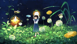 Rule 34 | 1girl, arms up, bee, black hair, blue sailor collar, blue skirt, brown footwear, bug, closed mouth, clover, commentary request, creature on head, dandelion, fireflies, flower, four-leaf clover, ghost, glowing, grass, highres, insect, lantern, looking at viewer, mamei mema, mini person, minigirl, neckerchief, night, original, outdoors, pleated skirt, red neckerchief, sailor collar, sailor shirt, school uniform, serafuku, shirt, shoes, short hair, short sleeves, skirt, smile, socks, solo, standing, tareme, walking, white flower, white shirt, white socks, wide shot, yellow flower