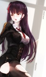 Rule 34 | 1girl, artist name, ass, black jacket, black pantyhose, black skirt, blush, braid, breasts, character name, commentary request, girls&#039; frontline, hair ribbon, jacket, long hair, medium breasts, necktie, nekoya (liu), one side up, open mouth, pantyhose, purple hair, red eyes, red necktie, red ribbon, revision, ribbon, round teeth, skirt, solo, teeth, torn clothes, torn pantyhose, upper teeth only, very long hair, wa2000 (girls&#039; frontline)