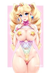 Rule 34 | 1girl, absurdres, areola slip, artist name, bimbo peach, blonde hair, blue eyes, border, borrowed design, bracelet, breasts, cleavage, cleft of venus, clothes lift, collar, covered navel, cowboy shot, crown, drill hair, earrings, fishnets, highleg, highres, jewelry, large breasts, long hair, looking at viewer, mario (series), nintendo, pasties, phloxberry, pink background, princess peach, shirt, shirt lift, short sleeves, solo, spiked collar, spikes, star pasties, twin drills, twintails, white border, white shirt