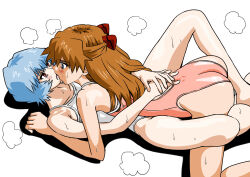 Rule 34 | 2girls, ass, ayanami rei, blue eyes, blue hair, blush, breasts, brown hair, covered navel, expressionless, eywy4324, fingering, french kiss, grabbing, grabbing from behind, grabbing own breast, hair between eyes, hair ornament, highleg, highleg swimsuit, highres, hug, kiss, kneeling, long hair, looking at another, lying, medium breasts, multiple girls, neon genesis evangelion, one-piece swimsuit, pink one-piece swimsuit, red eyes, saliva, shiny clothes, short hair, simple background, skin tight, souryuu asuka langley, steaming body, swimsuit, two side up, white background, white one-piece swimsuit, yuri