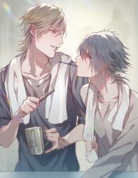 Rule 34 | 2boys, alchimie, black hair, blue eyes, brown hair, casual, collarbone, cup, final fantasy, final fantasy xv, furrowed brow, green eyes, grey shirt, hair between eyes, holding, holding cup, holding toothbrush, ignis scientia, light smile, long sleeves, looking at another, male focus, multiple boys, noctis lucis caelum, parted lips, shirt, short hair, short sleeves, t-shirt, toothbrush, toothbrush in mouth, towel, towel around neck, upper body