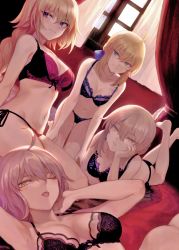 Rule 34 | 4girls, ;p, absurdres, ahoge, all fours, arm support, artoria pendragon (all), artoria pendragon (fate), bare shoulders, black bra, black panties, blonde hair, blue eyes, blue ribbon, blush, bow, bow bra, bra, braid, breasts, cleavage, closed mouth, collarbone, crossed ankles, crown braid, dutch angle, elbow rest, expressionless, fate/apocrypha, fate/grand order, fate/stay night, fate (series), flower, green eyes, groin, hair between eyes, hair bun, hair ribbon, half-closed eyes, hand on own cheek, hand on own face, hand on own knee, head tilt, heterochromia, highres, indoors, jeanne d&#039;arc (fate), jeanne d&#039;arc (ruler) (fate), jeanne d&#039;arc alter (avenger) (fate), jeanne d&#039;arc alter (fate), jewelry, large breasts, leaning back, leaning forward, lingerie, long hair, looking at viewer, lying, mashuu (neko no oyashiro), medium breasts, multiple girls, navel, necklace, on back, on bed, one eye closed, panties, parted lips, red bra, red flower, removed, ribbon, ribbon-trimmed bra, rose, saber (fate), saber alter, scan, side-tie panties, sidelocks, signature, single braid, single hair bun, sitting, smile, stomach, table, tareme, thighs, tongue, tongue out, twitter username, underwear, underwear only, very long hair, wariza, window, yellow eyes