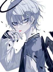Rule 34 | 1boy, ahoge, alare32446233, antenna hair, bishounen, black halo, cross, cross earrings, dark halo, ear piercing, earrings, from side, halo, hand up, heart, heart tattoo, highres, jacket, jewelry, light blush, long sleeves, looking at viewer, male focus, motion blur, original, piercing, ring, sanpaku, short hair, solo, tattoo, tongue, tongue out, tsurime, white background
