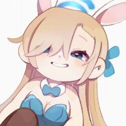Rule 34 | 1girl, asuna (blue archive), asuna (bunny) (blue archive), blonde hair, blue archive, blue eyes, breasts, chibi, cleavage, detached collar, grin, halo, highres, leotard, looking at viewer, playboy bunny, smile, solo, yknsugar