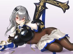 Rule 34 | 1girl, azur lane, bodysuit, breasts, clothes pull, commentary, covered navel, gauntlets, grey hair, hair between eyes, hair ornament, highres, large breasts, long hair, looking at viewer, lying, miniskirt, mole, mole under eye, nanam (nanam sk), on side, open mouth, pleated skirt, polearm, red eyes, saint-louis (azur lane), simple background, skirt, skirt pull, solo, weapon, white skirt