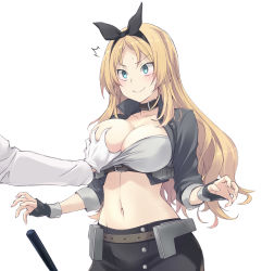Rule 34 | 1girl, 1other, ^^^, admiral (kancolle), bandeau, black gloves, black hairband, blonde hair, blue eyes, breast hold, breasts, choker, cowboy shot, cropped jacket, fingerless gloves, gloves, graphite (medium), grey jacket, grey skirt, groping, hairband, highres, jacket, kantai collection, large breasts, midriff, navel, nelson (kancolle), race queen, sakana (flame sakana), simple background, skirt, traditional media, white background
