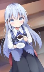 Rule 34 | 1girl, ahoge, bad id, bad pixiv id, black skirt, blue bow, blue eyes, blue hair, blue vest, blurry, blurry background, blush, bow, closed mouth, coffee, collared shirt, commentary request, cup, depth of field, drinking glass, dutch angle, gochuumon wa usagi desu ka?, hair between eyes, hair ornament, highres, holding, holding cup, holding saucer, indoors, kafuu chino, kyuukon (qkonsan), long hair, long sleeves, looking at viewer, rabbit house uniform, saucer, shirt, sitting, skirt, solo, stool, teacup, very long hair, vest, white shirt, x hair ornament