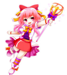 Rule 34 | 1girl, belt, boots, bow, ennperuto, hair bow, jiroro, jiroro e, kneehighs, magical girl, mortar mixer (ole tower), ole tower, pink hair, ribbon, simple background, skirt, socks, solo, staff, wand, white background