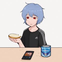 Rule 34 | :t, adidas, ayanami rei, black shirt, blue hair, bread, bread slice, can, canned food, cellphone, collarbone, commentary, condensed milk, cyrillic, eating, empty eyes, english commentary, food, half-closed eyes, highres, holding, holding food, looking down, messy, neon genesis evangelion, nvi2762, phone, reading, red eyes, russian text, sad, shirt, short hair, short sleeves, simple background, smartphone, solo, table, translated, white background