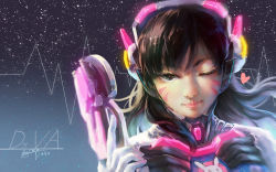 Rule 34 | 1girl, bodysuit, brown eyes, brown hair, character name, d.va (overwatch), dated, facial mark, finger on trigger, gloves, gun, handgun, headphones, heart, heart-shaped pupils, highres, lips, long hair, looking at viewer, nose, one eye closed, overwatch, overwatch 1, pilot suit, pistol, portrait, signature, smile, solo, swept bangs, symbol-shaped pupils, wan liang sora, weapon, whisker markings, white gloves