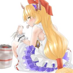 Rule 34 | 1girl, blonde hair, blush, bow, breasts, cooking, eating, gourd, grill, grilling, hair bow, horn ornament, horn ribbon, horns, ibuki suika, long hair, looking at viewer, looking back, low-tied long hair, ribbon, shichirin, shirt, sideboob, simple background, sitting, skirt, sleeveless, sleeveless shirt, small breasts, solo, somsom, squid, touhou, very long hair, white background, wrist cuffs, yellow eyes
