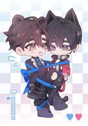 Rule 34 | 2boys, animal ears, bear boy, bear ears, bear tail, black footwear, black hair, black jacket, black pants, black shirt, blazer, blue bow, blue necktie, blush, bound, bow, brown eyes, brown hair, buried stars, carrying, cat boy, cat ears, cat tail, checkered background, chibi, chinese commentary, claws, closed mouth, commentary request, cross, ear piercing, flying sweatdrops, grey eyes, han do-yoon, headphones, headphones around neck, heart, jacket, lee gyu-hyuk, long sleeves, looking down, male focus, mole, mole under eye, multiple boys, necktie, open mouth, outline, pants, patterned background, piercing, princess carry, red jacket, shirt, slit pupils, standing, striped clothes, striped shirt, tail, tail wrap, tied up (nonsexual), white outline, yaoi, yusa (yusa0751)