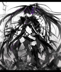 Rule 34 | 10s, 1girl, armor, bad id, bad pixiv id, belt, belt skirt, black hair, black rock shooter, boots, chain, greaves, insane black rock shooter, long hair, midriff, navel, pale skin, purple eyes, scar, shion (mamuring), shionty, shorts, solo, stitches, thigh boots, thighhighs, twintails
