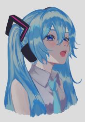 Rule 34 | 1girl, absurdres, blue eyes, blue hair, blue necktie, collared shirt, cropped torso, grey background, grey shirt, hair between eyes, hatsune miku, highres, long hair, looking up, necktie, open mouth, p2 (uxjzz), shirt, simple background, sleeveless, sleeveless shirt, solo, twintails, upper body, vocaloid, wing collar