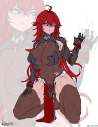 Rule 34 | 1girl, absurdres, ahoge, arm armor, armor, armored leotard, artist name, bodystocking, boobplate, breastplate, breasts, brown thighhighs, cleavage, covered navel, goddess of victory: nikke, hair between eyes, hair intakes, hand on own thigh, highres, kneeling, large breasts, long hair, nihilister (nikke), red eyes, red hair, see-through, see-through cleavage, shaded face, sidelocks, sivarkart, solo, thick thighs, thighhighs, thighs, torn bodystocking, torn clothes, zoom layer
