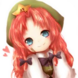 Rule 34 | 1girl, amano jack, bad id, bad pixiv id, bandaid, bandaid on face, blue eyes, bow, braid, hair bow, hat, head tilt, heart, highres, hong meiling, long hair, looking at viewer, red hair, simple background, smile, solo, star (symbol), touhou, twin braids, upper body, vest, white background