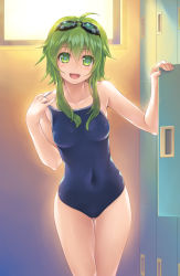 Rule 34 | 1girl, :d, ahoge, breasts, collarbone, competition school swimsuit, covered navel, goggles, goggles on head, green eyes, green hair, gumi, highres, locker, locker room, one-piece swimsuit, open mouth, school swimsuit, short hair, short hair with long locks, small breasts, smile, strap pull, swimsuit, vocaloid, wacchi