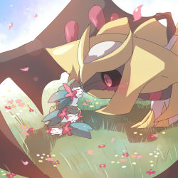 Rule 34 | artist request, claws, closed eyes, creatures (company), dragon, field, flower, flower field, game freak, gen 4 pokemon, giratina, giratina (altered), grass, hug, legendary pokemon, looking at another, mythical pokemon, nintendo, no humans, pokemon, pokemon (creature), red eyes, shaymin, size difference, smile, spikes, squatting, wavy mouth