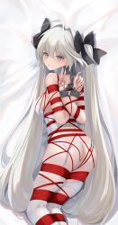 1girl ass blue_eyes chain dakimakura_(medium) garter_belt garter_straps kasugano_sora long_hair looking_at_viewer lying on_side restrained rope shibari solo thigh_strap thighhighs touxing_no_diluka white_hair white_thighhighs yosuga_no_sora