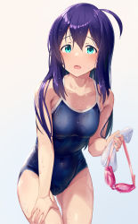 Rule 34 | 1girl, ahoge, aqua eyes, bare arms, bare shoulders, beige background, blue background, blue one-piece swimsuit, blush, breasts, collarbone, commentary request, competition school swimsuit, cowboy shot, goggles, unworn goggles, gradient background, hair between eyes, hand on own thigh, hand up, highres, holding, holding goggles, idolmaster, idolmaster million live!, leaning forward, long hair, looking at viewer, medium breasts, mochizuki anna, one-piece swimsuit, open mouth, purple hair, school swimsuit, solo, standing, swim cap, unworn swim cap, swimsuit, thigh gap, wet, wet clothes, wet hair, wet swimsuit, yoshika (music480069)