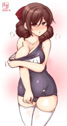 Rule 34 | 1girl, artist logo, black one-piece swimsuit, bow, breasts, brown hair, cameltoe, cleavage, collarbone, commentary request, covered navel, dated, drill hair, gradient background, hair bow, harukaze (kancolle), highres, kanon (kurogane knights), kantai collection, medium breasts, name tag, one-piece swimsuit, red bow, red eyes, school swimsuit, simple background, solo, strap slip, swimsuit, thighhighs, twin drills, white background, white thighhighs