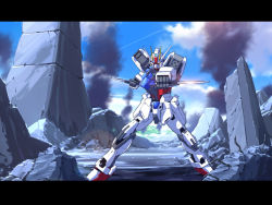 Rule 34 | dual wielding, g.yamamoto, glowing, glowing eye, gundam, gundam seed, holding, holding knife, knife, letterboxed, looking at viewer, mecha, no humans, robot, rubble, science fiction, solo, standing, strike gundam, v-fin, yellow eyes