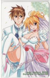 Rule 34 | 1boy, 1girl, ;d, antenna hair, ass, banpresto, blonde hair, blue eyes, blush, bow, breasts, bridal veil, bride, brown eyes, brown hair, card (medium), carrying, choker, cleavage, congratulations, couple, covered erect nipples, dated, dress, embarrassed, excellen browning, flower, formal, frilled thighhighs, frills, frown, gloves, hair between eyes, hand on another&#039;s chest, hetero, high heels, highres, kyosuke nanbu, kyousuke nanbu, lace, large breasts, leaf, lipstick, lipstick mark, long legs, looking at viewer, looking away, makeup, necktie, no panties, one eye closed, open mouth, oujano kaze, outdoors, phonecard, pink bow, ponytail, princess carry, rose, sash, scan, scan artifacts, see-through, shoes, short hair, sideboob, sidelocks, sky, smile, spiked hair, standing, suit, super robot wars, sweatdrop, thighhighs, tree, upskirt, v, veil, wavy hair, wedding, wedding dress, white gloves, white thighhighs, wind, wink