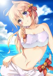 Rule 34 | 1girl, animal ears, bandeau, bare shoulders, bikini, bikini top only, blonde hair, blue sky, blush, bow, braid, cat ears, cat tail, cloud, collarbone, contrapposto, day, fur trim, hair bow, hair ornament, hand on own hip, long hair, looking at viewer, navel, ocean, original, outdoors, popopipi77, purple eyes, shorts, single braid, sky, smile, solo, standing, strapless, sun, swimsuit, tail, tube top, water, white bikini