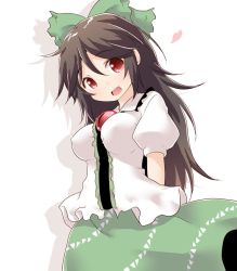 Rule 34 | 1girl, arms behind back, bow, brown hair, hair bow, head tilt, heart, long hair, natsu no koucha, open mouth, red eyes, reiuji utsuho, simple background, skirt, solo, third eye, touhou, white background