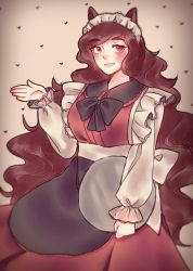 Rule 34 | 1girl, alternate costume, apron, blush, brown eyes, brown hair, commentary, enmaided, imaizumi kagerou, long hair, maid, maid apron, maid headdress, open mouth, orz (kagewaka), solo, touhou, tray, very long hair, wavy hair
