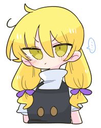 Rule 34 | 1girl, black vest, blonde hair, blush, bow, buttons, hair bow, highres, kirisame marisa, long hair, no headwear, op na yarou, puffy short sleeves, puffy sleeves, purple bow, shirt, short sleeves, simple background, solo, touhou, turtleneck, twintails, vest, white background, white shirt, yellow eyes