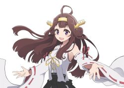 Rule 34 | 10s, 1girl, :d, ahoge, bad id, bad twitter id, bare shoulders, black skirt, breasts, brown hair, commentary, detached sleeves, double bun, fukagawa kazumi (style), hair bun, headgear, kantai collection, kongou (kancolle), kongou kai ni (kancolle), long hair, looking at viewer, medium breasts, nontraditional miko, open mouth, purple eyes, simple background, skirt, smile, solo, upper body, white background, yuzuruka (bougainvillea), zombie land saga
