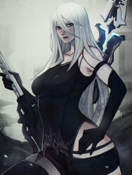 Rule 34 | 1girl, absurdres, black shorts, black tank top, blue eyes, breasts, collarbone, elbow gloves, gloves, hair between eyes, hand on own hip, highres, holding, holding sword, holding weapon, joints, large breasts, long hair, looking at viewer, mole, mole under mouth, nier:automata, nier (series), polearm, robot joints, shorts, solo, sword, tank top, thighhighs, upper body, weapon, weapon on back, white hair, xuuikie ashe, a2 (nier:automata)