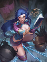 Rule 34 | 1girl, black light, blue eyes, blue hair, book, breasts, cleavage, facebook, grimoire, large breasts, long hair, looking at viewer, mask, matching hair/eyes, midriff, original, outstretched arm, outstretched hand, personification, smile, solo, watermark, web address